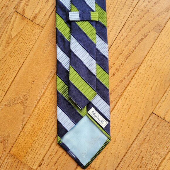 Faconnable Silk Tie Handmade In Italy Blue Green Stripe - Picture 3 of 8
